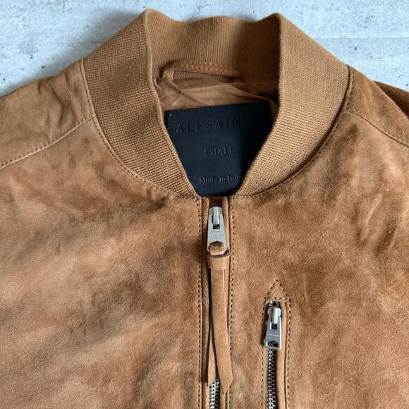 Allsaints kemble suede leather slim fit bomber jacket tan brown Mens size small - Picture 2 of 9